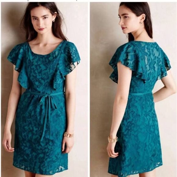 Moulinette Soeurs Anthropologie Teal Embroidered Lace Mini Dress - Women’s 8 - Picture 1 of 8